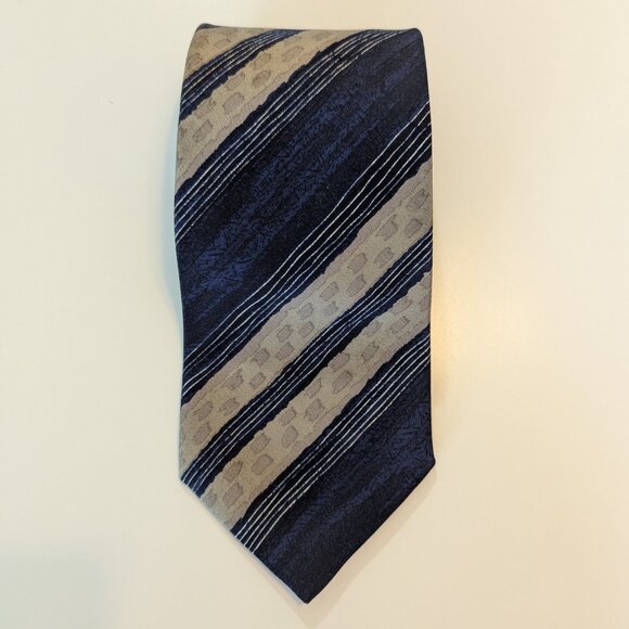 Hugo Boss Striped Blue and Beige Print Silk Tie - Made in Italy - Picture 4 of 7